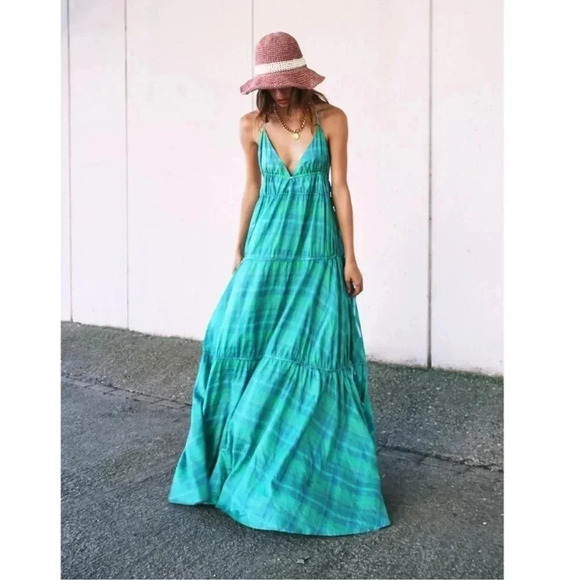 New Free People Marisol Tiered Silk Maxi Dress Summer Sun Boho Green Small - Picture 1 of 17